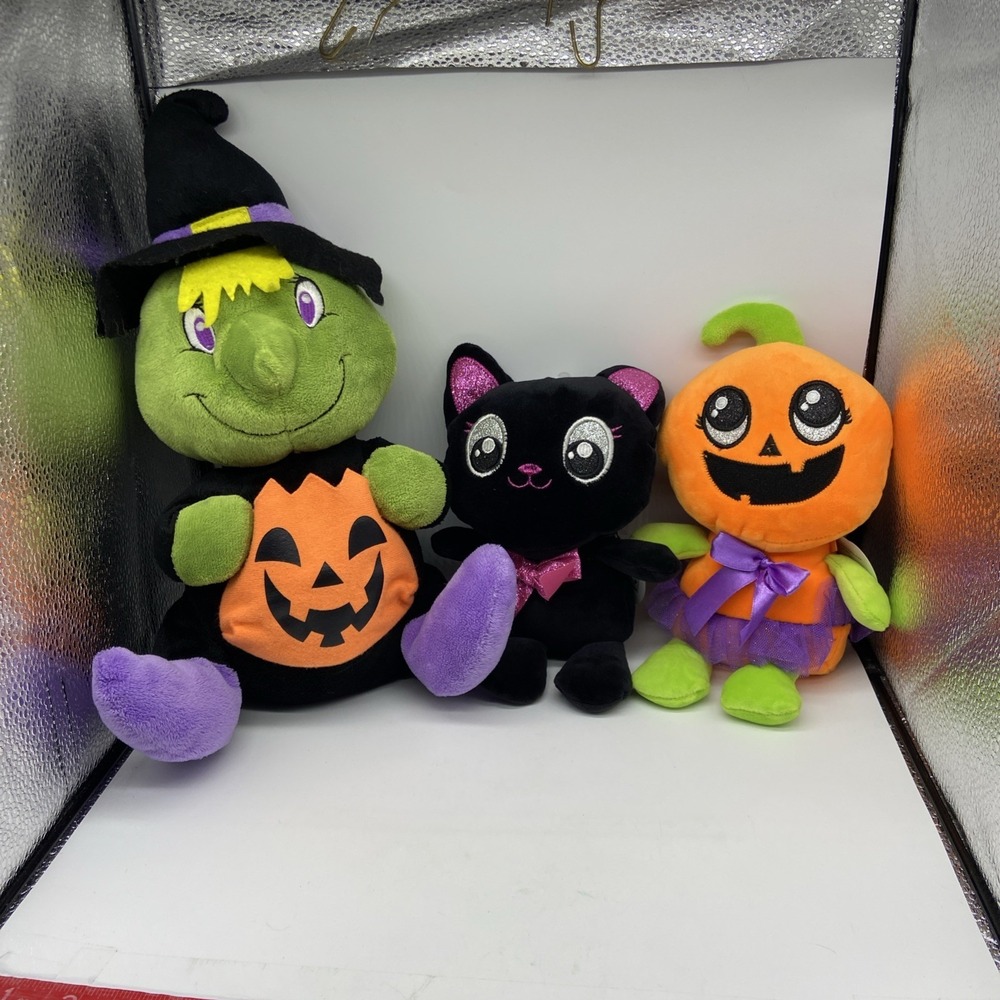 Halloween Plush Trio Witch Black Cat and Pumpkin‎ Stuffed Animal Set Decor